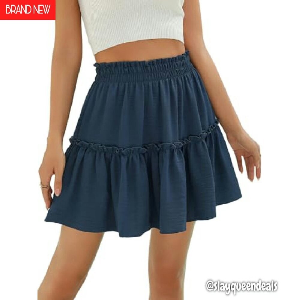 High Waisted Ruffle Mini Skirt Tiered A-Line Summer Boho Flowy - Picture 2 of 8